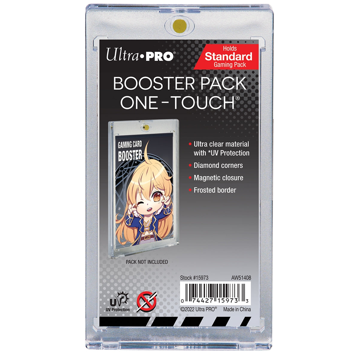 A clear plastic display case, an Ultra Pro One-Touch Booster Pack holder, with an insert showing an anime character game pack and product features