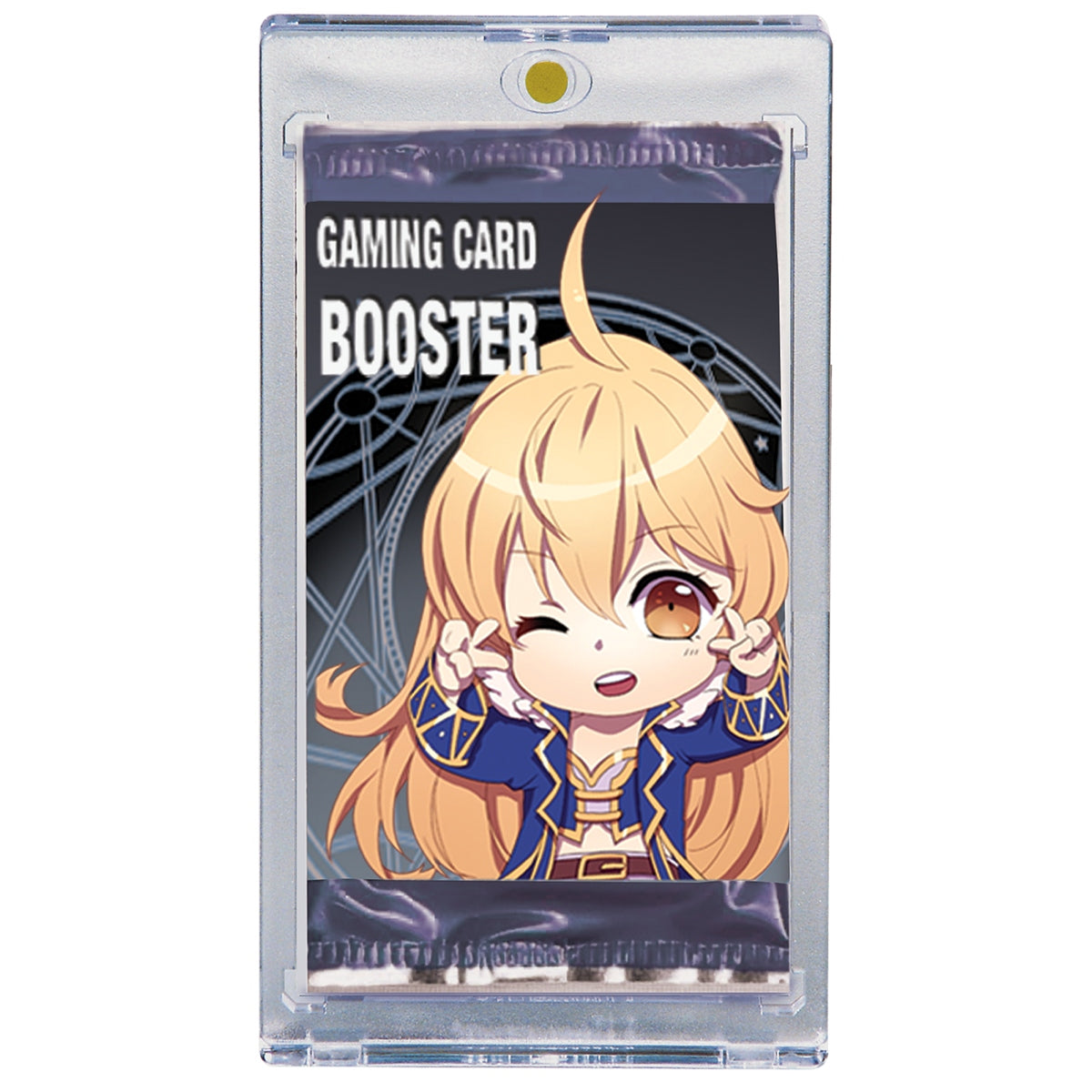 A sealed gaming card booster pack featuring a winking anime character in a clear protective case
