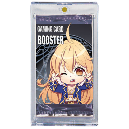 A sealed gaming card booster pack featuring a winking anime character in a clear protective case