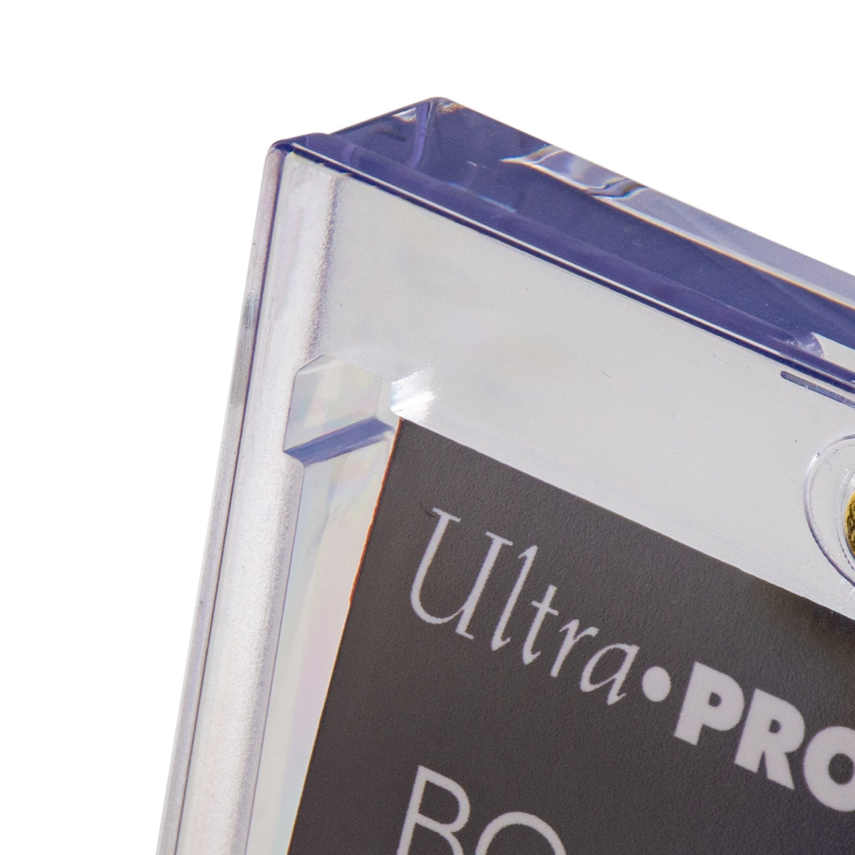 A close-up of a clear plastic Ultra Pro One Touch booster pack case with a black label partially visible
