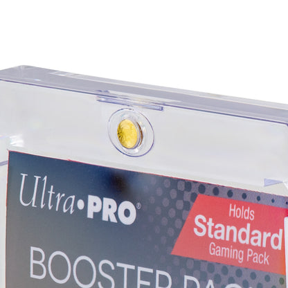 A close-up view shows a clear Ultra Pro One Touch booster pack holder with a gold locking button and 'Holds Standard Gaming Pack' text visible on its insert
