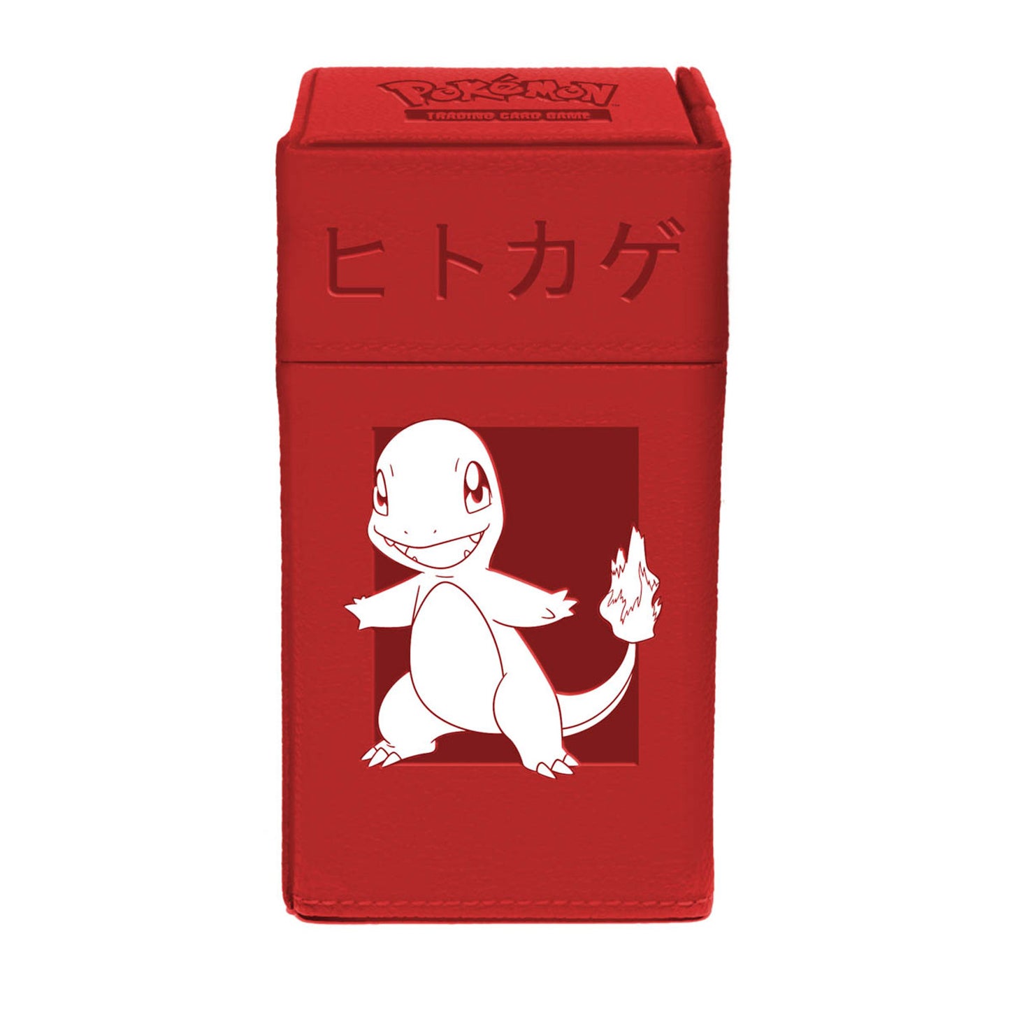Red deck box featuring white Charmander graphic and Japanese "Hitokage" text