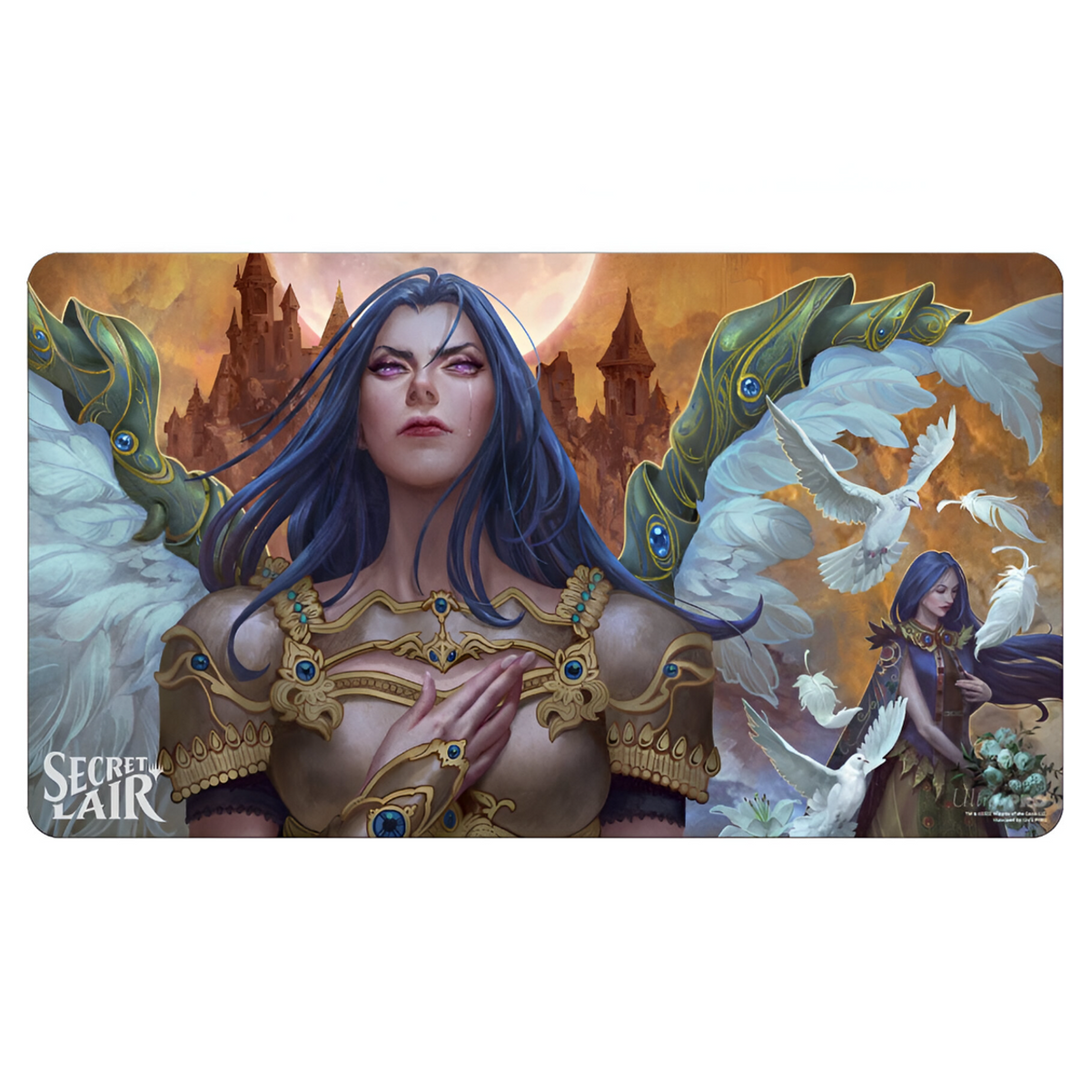 A playmat featuring a blue-haired angel in golden armor with a tear, white wings, a smaller figure, doves, and castles under an orange moon