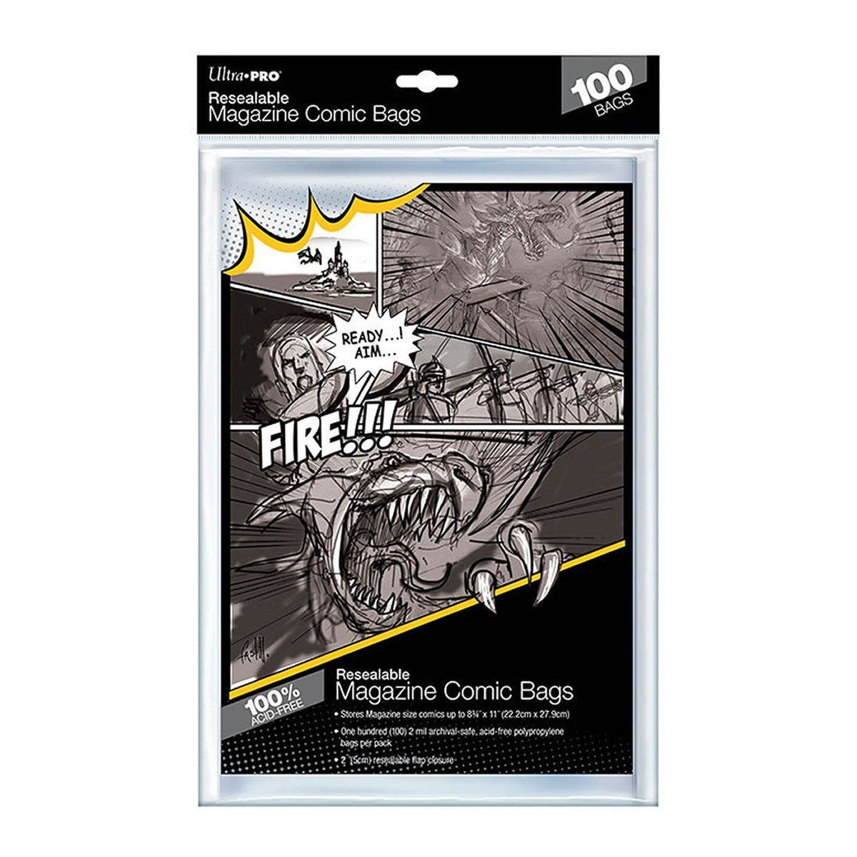 Clear plastic packaging for Magazine Size Resealable Comic Bags displaying a black and white comic scene of warriors fighting a monster, marked 100 bags