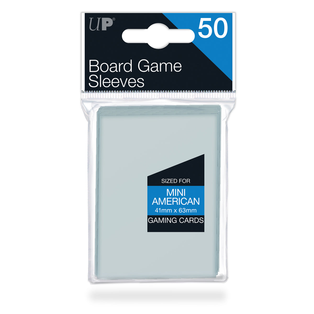 Ultra Pro Board Game Sleeves 50 count, specifically sized for Mini American Gaming Cards at 41mm by 63mm, shown in clear retail packaging