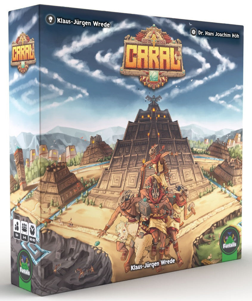 Caral board game box features ancient pyramid city with figures carrying resources and central game logo above Klaus-Jrgen Wrede and Dr Hans Joachim Hh names