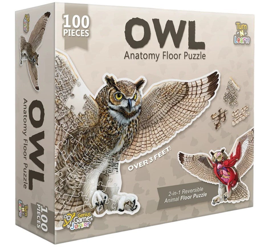 100-piece reversible &#39;OWL Anatomy Floor Puzzle&#39; box, featuring a large owl and its internal anatomy