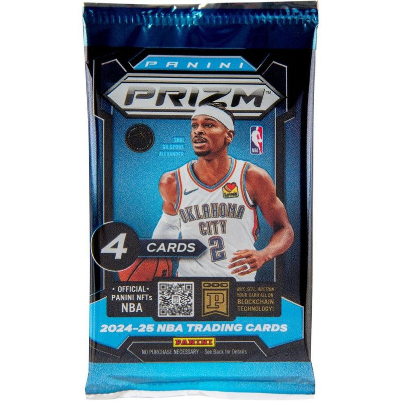 2024-25 NBA trading cards in a sealed blue Panini Prizm pack with a Shai Gilgeous-Alexander image