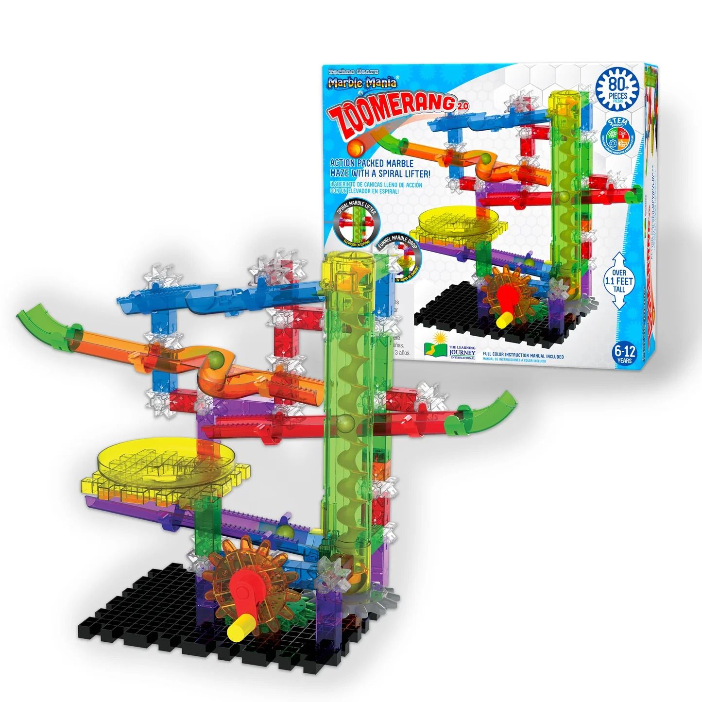 Marble Mania Zoomerang 2.0 marble run kit with clear, colourful plastic pieces, spiral lifter, tracks, gears, and the toy box packaging visible