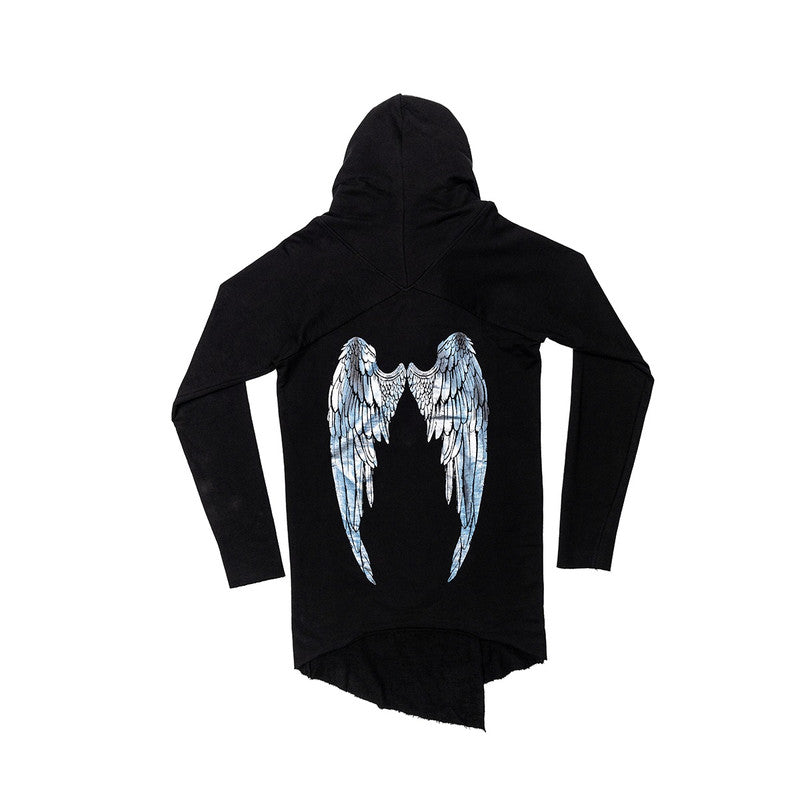 Back view of a black Vax'ildan hooded cloak with large, silvery-blue angel wings and an asymmetrical raw-edged hem