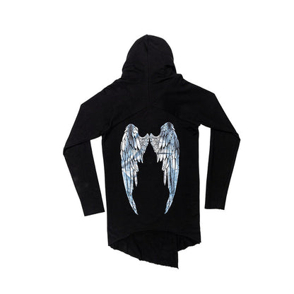 Back view of a black Vax'ildan hooded cloak with large, silvery-blue angel wings and an asymmetrical raw-edged hem