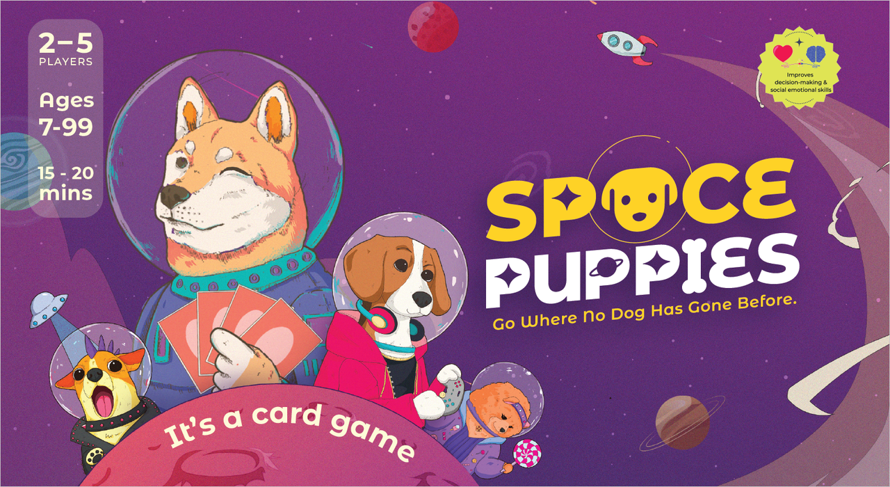 Space Puppies game box featuring cartoon-style space dog characters