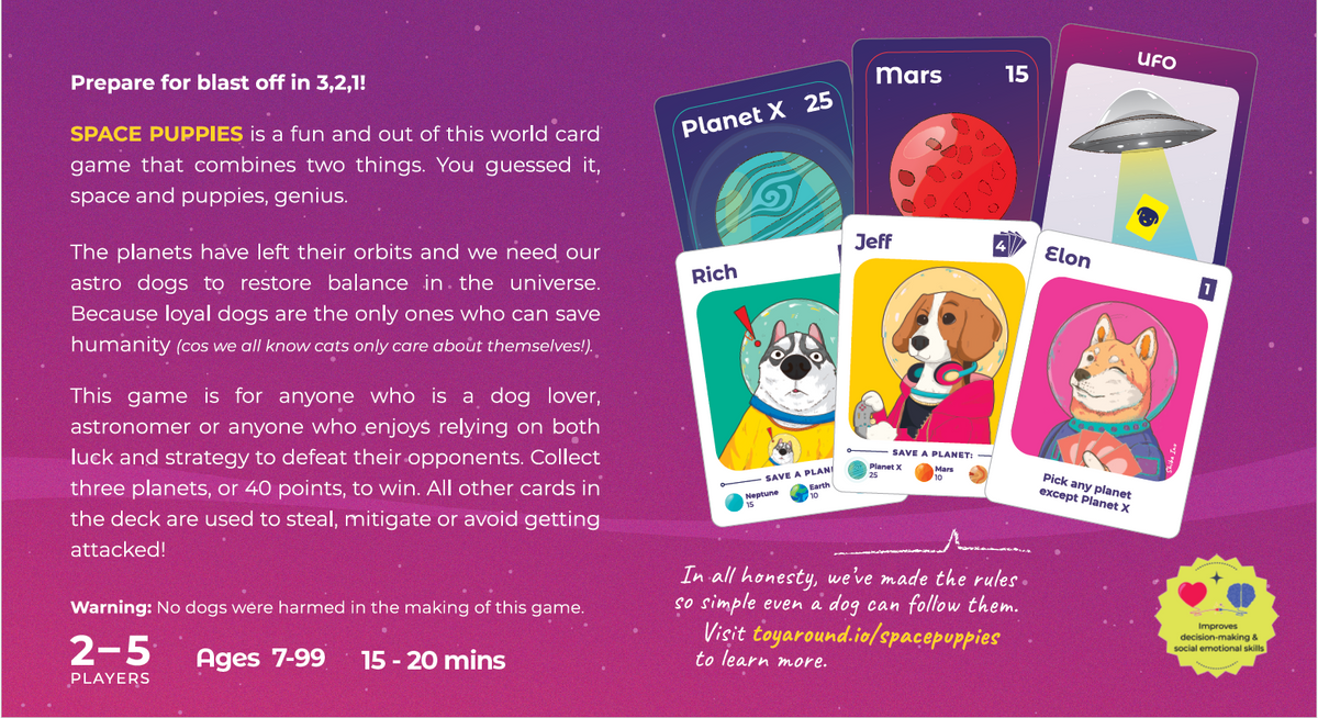 Space Puppies game box back veiw with details cards illustrated