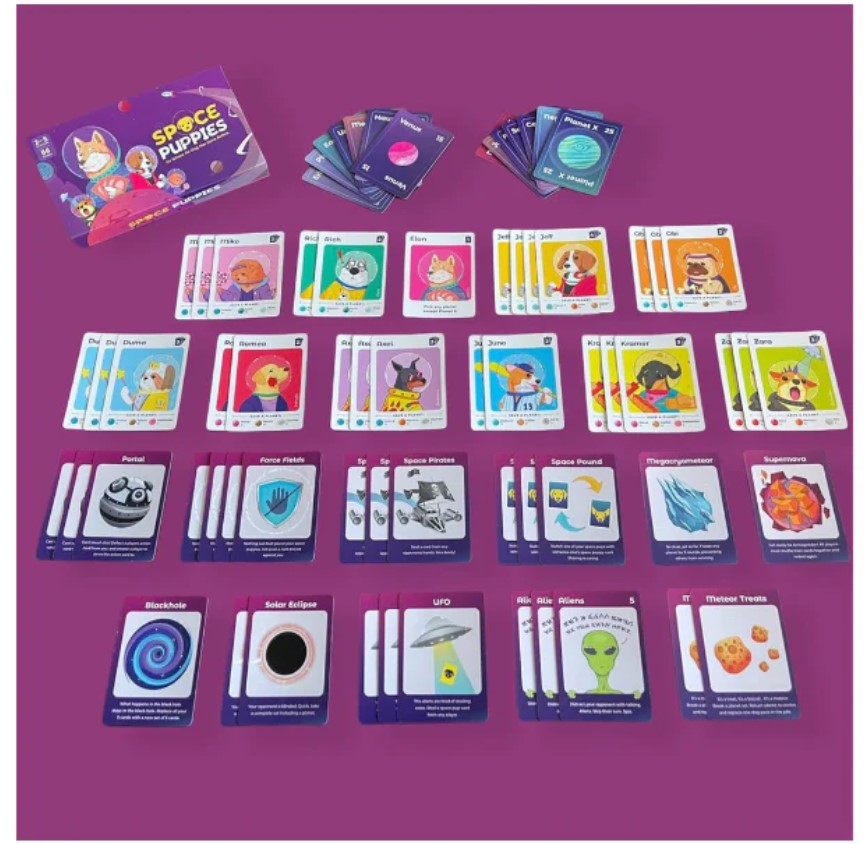 Space Puppies full game box and setup with cards