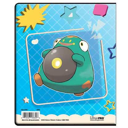 Pokemon Paldean Wooper holding a dark record on a bright blue grid background