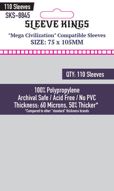 Sleeve Kings &quot;Mega Civilization&quot; Compatible Sleeves, 75x105MM, 110 QTY, 60 Micron