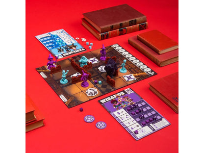 Tactical fantasy board game setup with colourful wizard miniatures, game boards, and components, surrounded by antique books