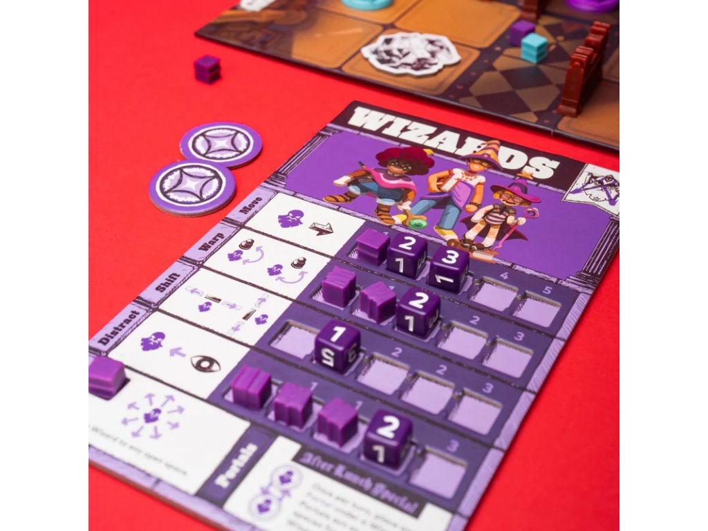 Purple Wizards board game player sheet with cartoon art and ability tracks marked by purple cubes and numbered dice