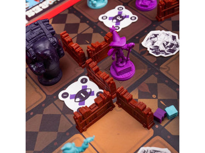 Board game setup with purple wizard and monster miniatures, brown walls, and game tokens on the tile grid