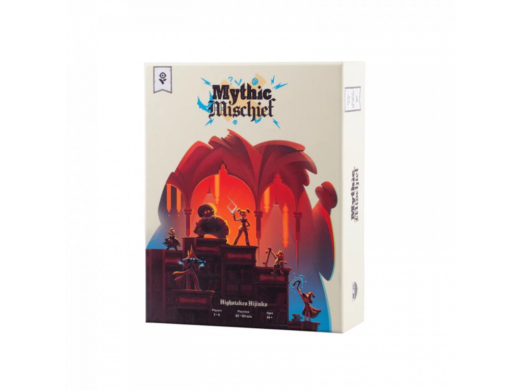 Box for the board game "Mythic Mischief," featuring stylized figures causing mischief in a grand, red-arched temple