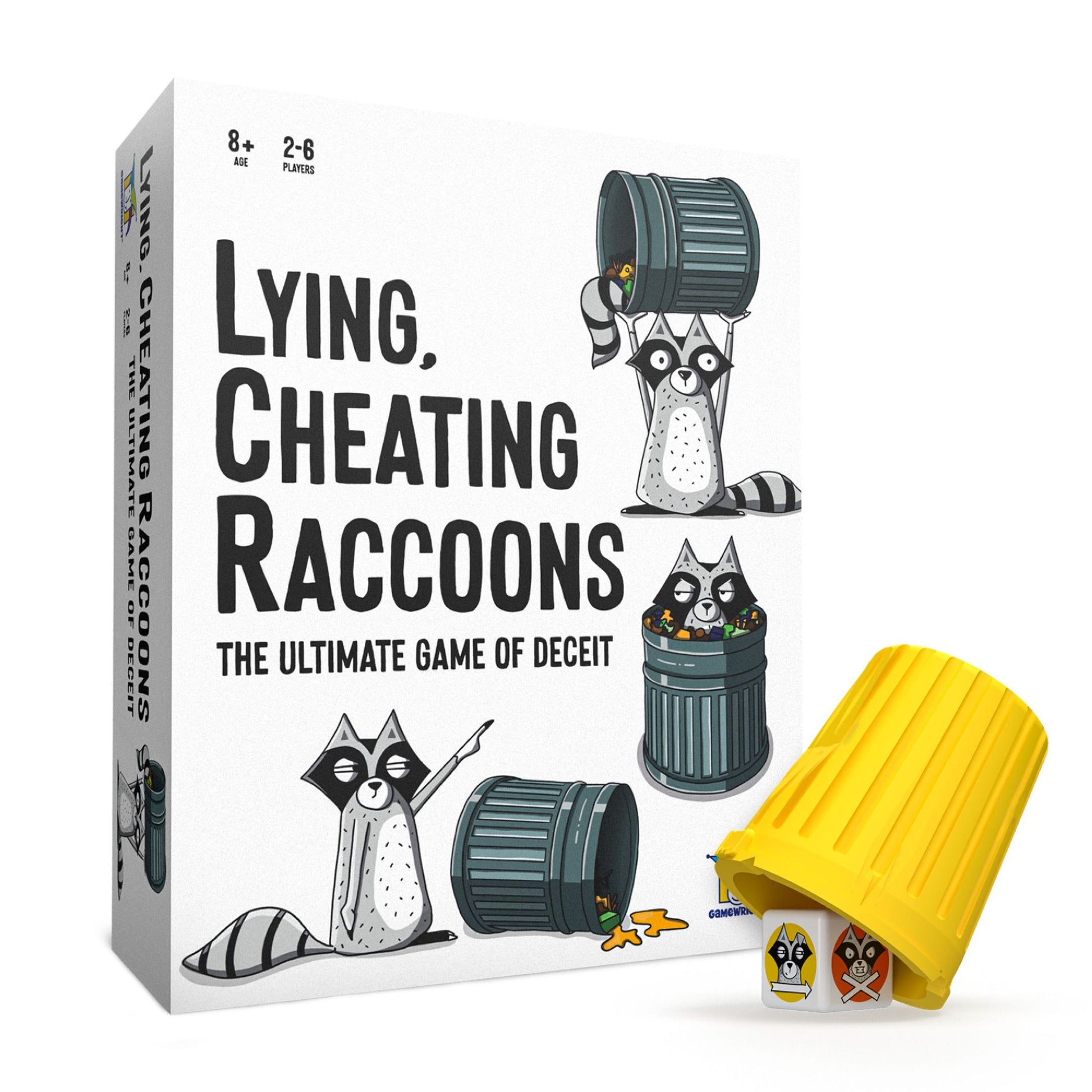 A Lying, Cheating Raccoons game box shows cartoon raccoons with trash cans, alongside a yellow trash can revealing two game dice