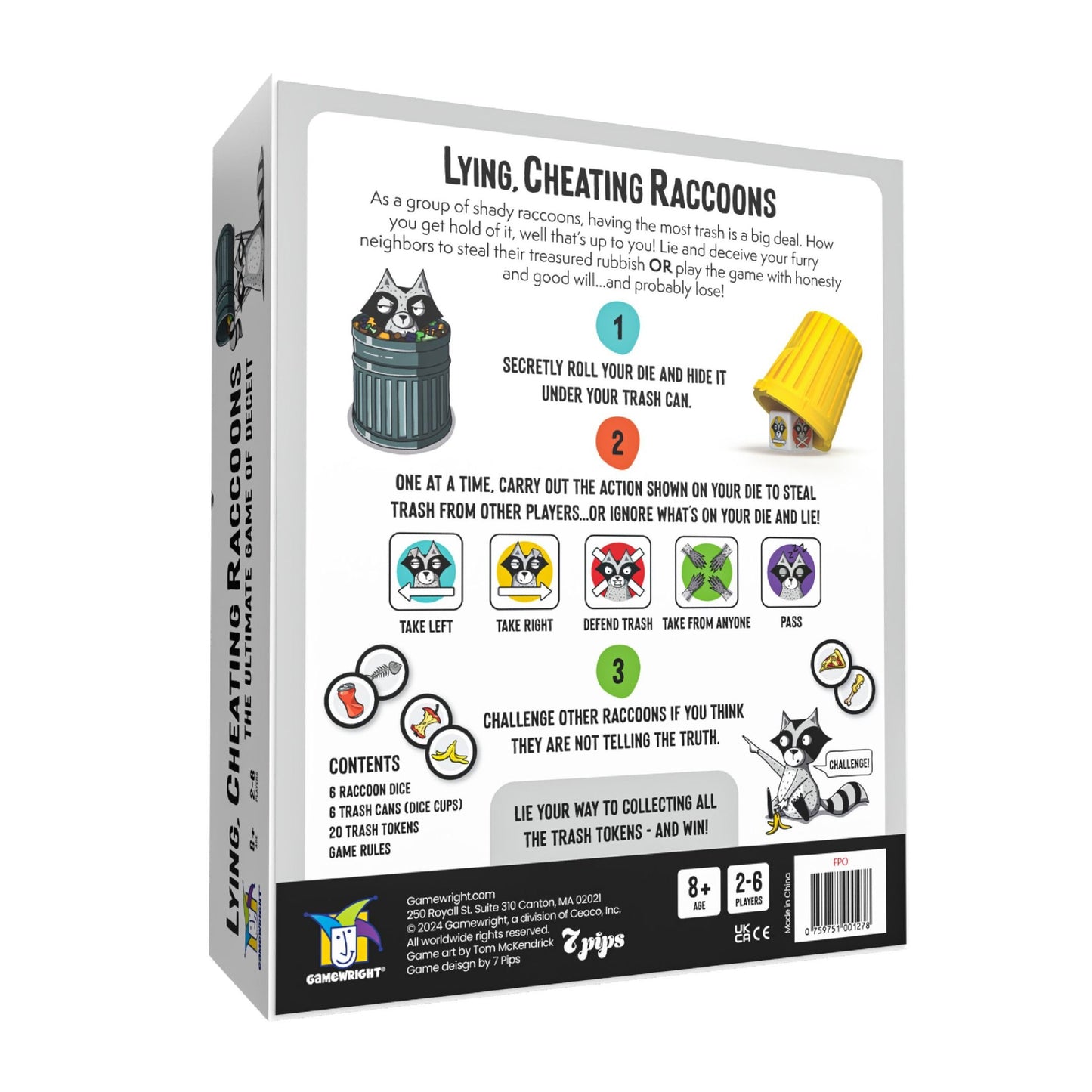 The Lying, Cheating Raccoons game box features cartoon raccoons, trash cans, dice, and illustrations of various game actions and trash tokens