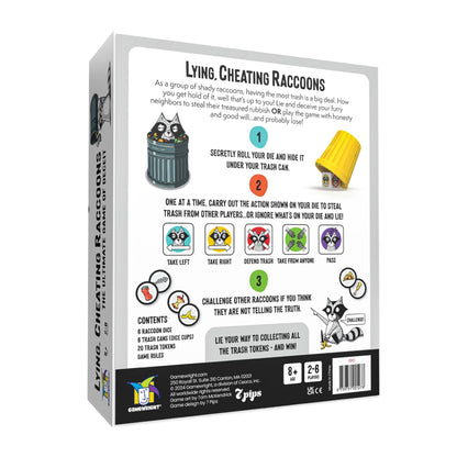 The Lying, Cheating Raccoons game box features cartoon raccoons, trash cans, dice, and illustrations of various game actions and trash tokens