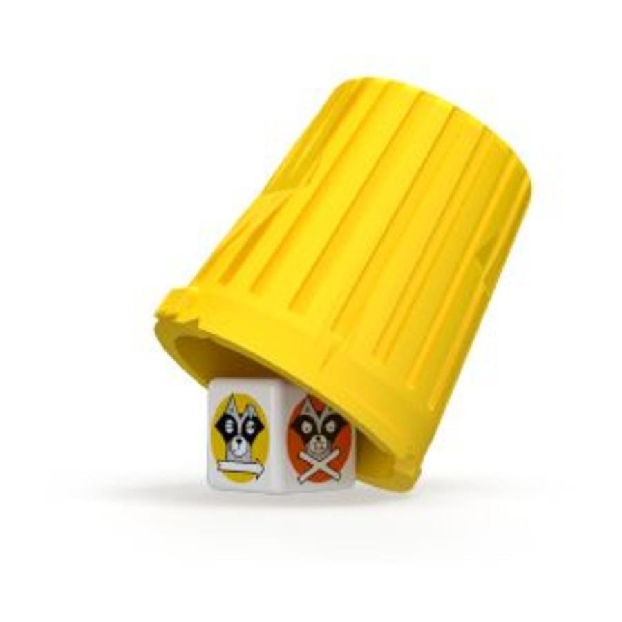 A yellow trash can lid covers two Lying Cheating Raccoons game dice showing masked faces and symbols