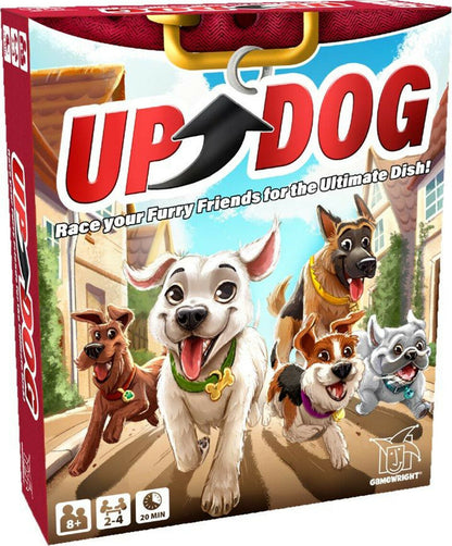 Up Dog board game box featuring a colorful illustration of five happy cartoon dogs racing down a street