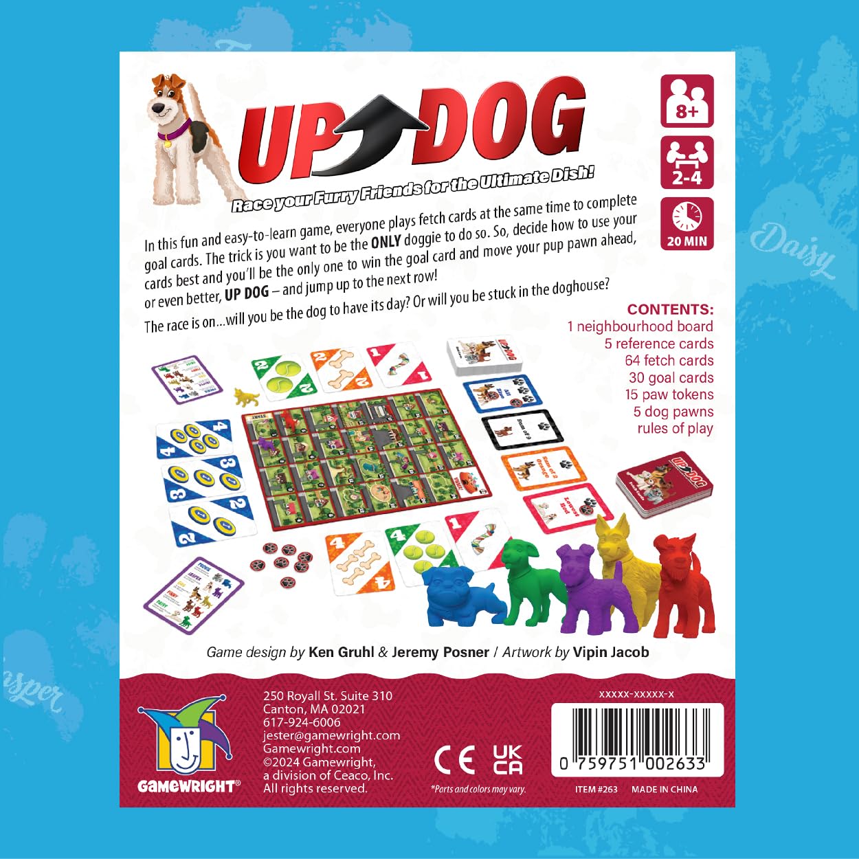 Up Dog game box with a cartoon dog, title, game description, contents list, and various game pieces including a board, cards, tokens, and colorful dog pawns