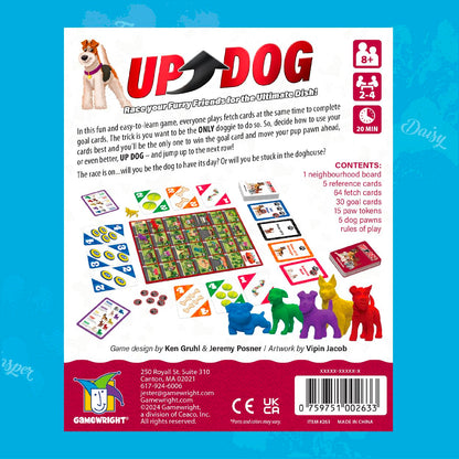Up Dog game box with a cartoon dog, title, game description, contents list, and various game pieces including a board, cards, tokens, and colorful dog pawns