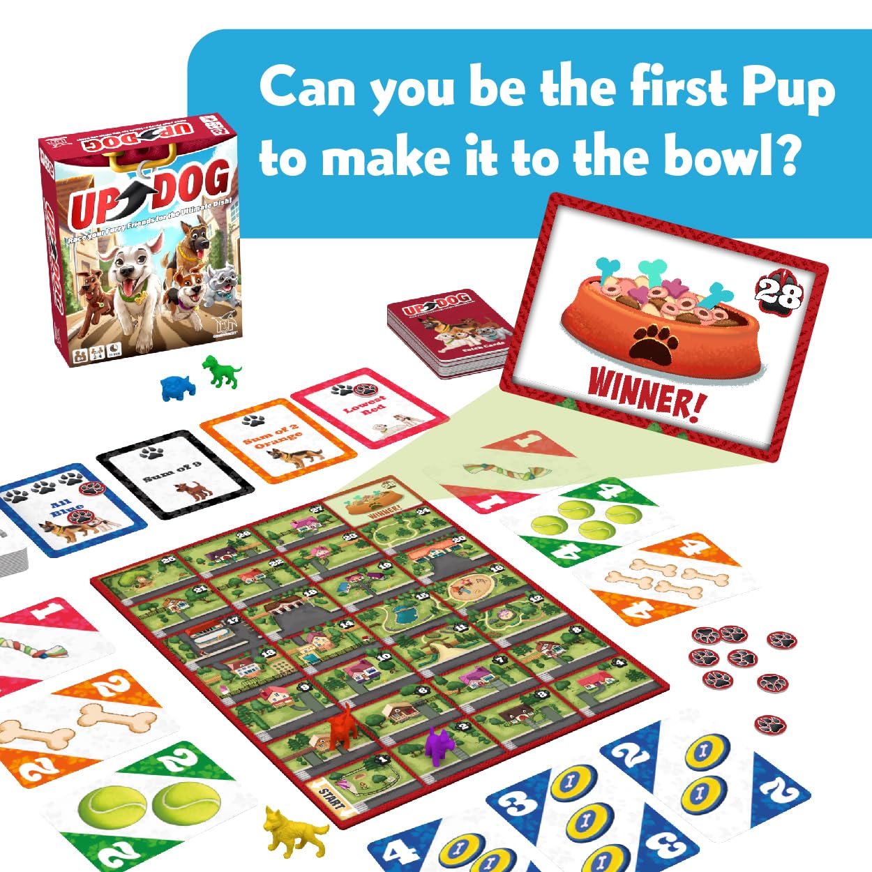 A vibrant Up Dog board game setup with the game box, board, cards, colorful pawns, and tokens, under the question Can you be the first Pup to make it to the bowl