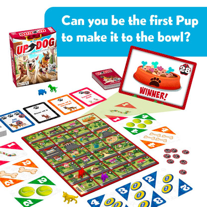 A vibrant Up Dog board game setup with the game box, board, cards, colorful pawns, and tokens, under the question Can you be the first Pup to make it to the bowl