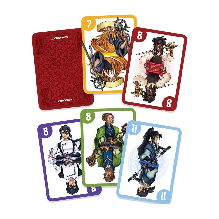 Five brightly colored Gamewright playing cards showing reversible illustrations of sword-wielding figures and one red card back are scattered for display