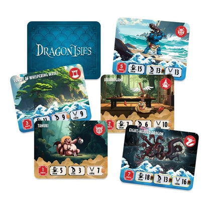Six square Dragonisles game cards are scattered showing detailed artwork of Japanese mythological creatures like the Tanuki and a blue Oni alongside associated combat statistics