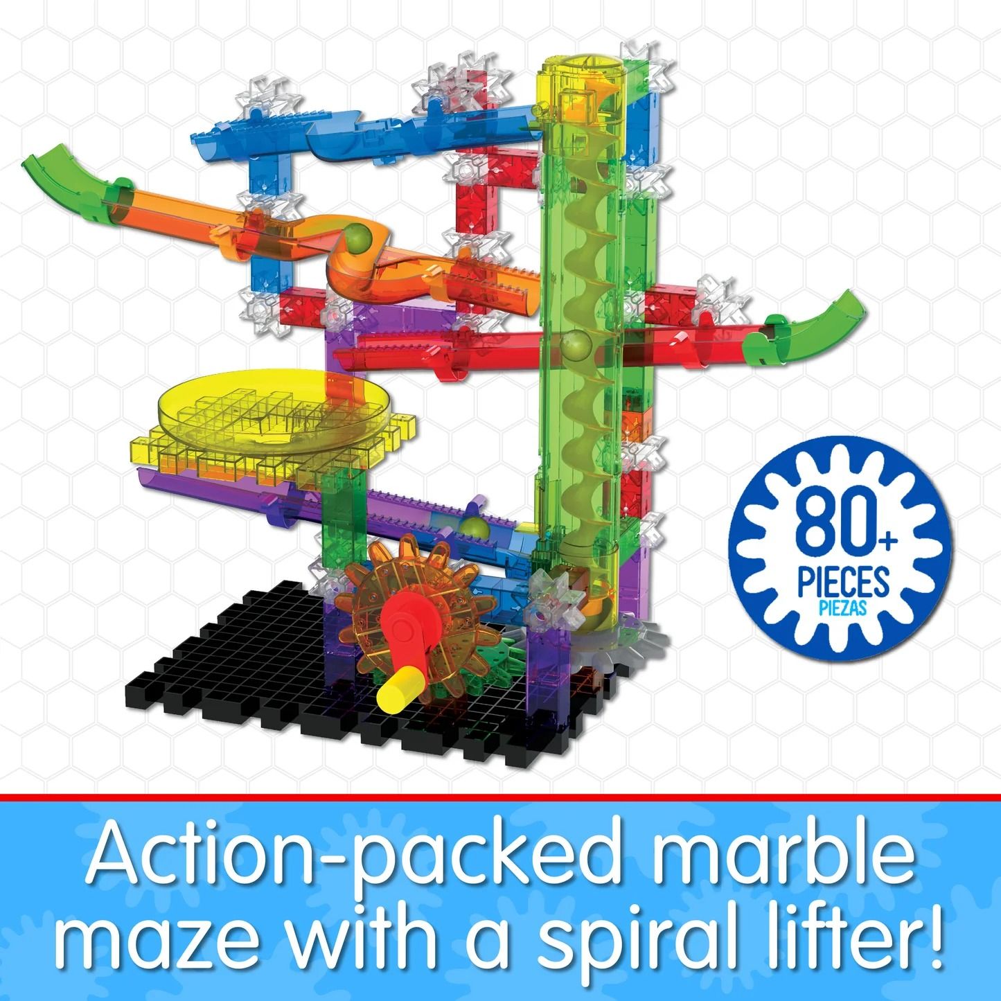Colourful, transparent marble run toy construction set with spiral lifter and hand crank on a black base plate