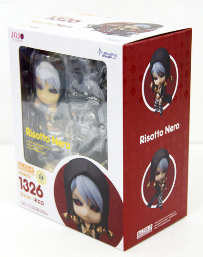 Nendoroid Risotto Nero figure in box showing the character's black hooded outfit and gold accents from JoJo's Bizarre Adventure Part 5 Golden Wind