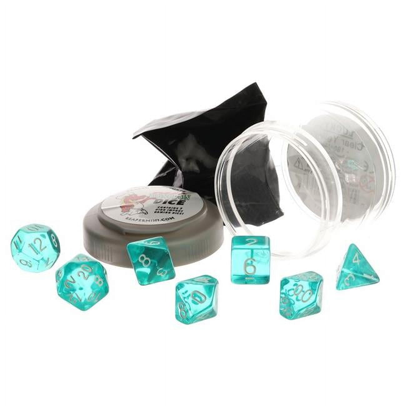 A set of clear teal polyhedral dice are scattered around an open clear container and a small black bag