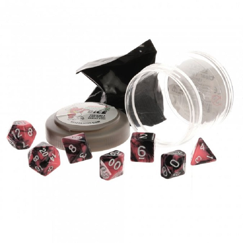 Seven pink and black swirled Reaper Pizza Dungeon Dice are shown with their containers