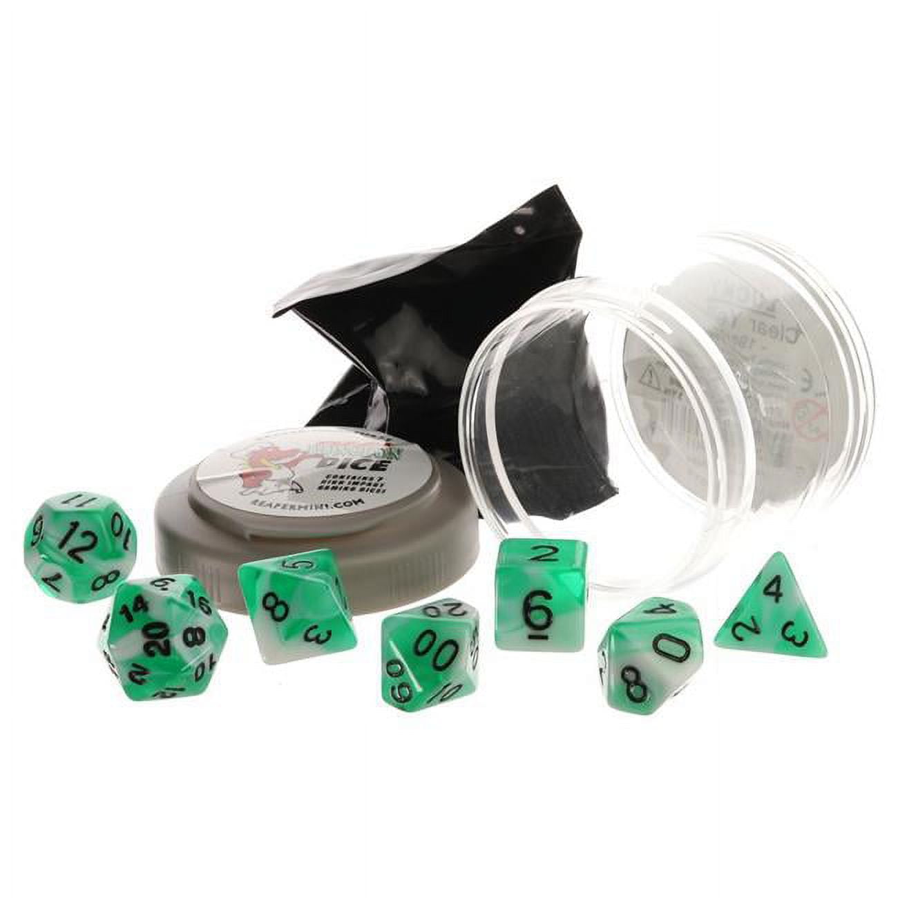 Teal and white polyhedral dice are scattered around a small container, an open black bag, and a clear plastic case