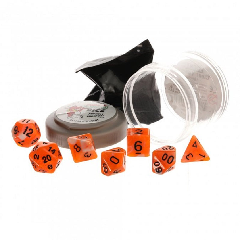 Orange and white marbled polyhedral dice are scattered next to a small lidded container, clear tube, and black bag
