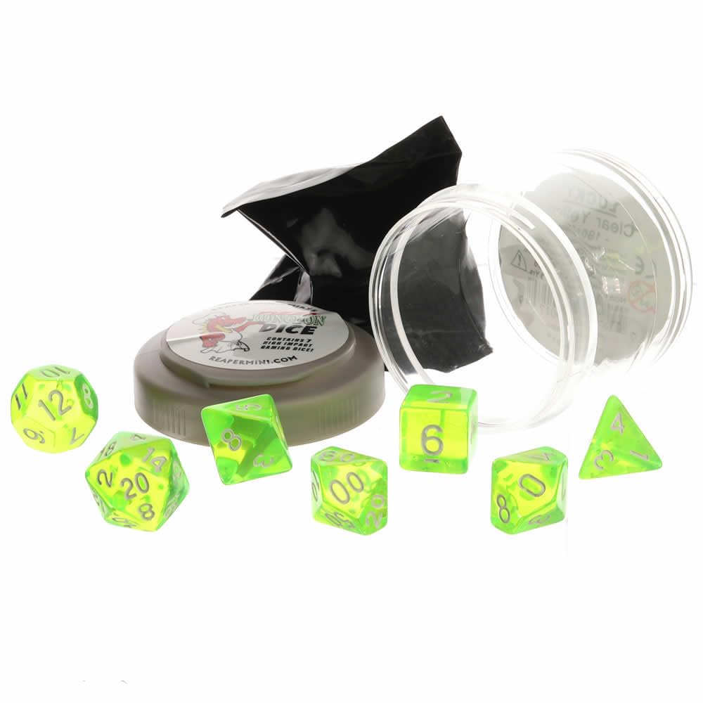 Seven clear neon green polyhedral dice with yellow numbers are scattered around an open cylindrical plastic container featuring a grey Dungeon Dice logo lid and a black bag