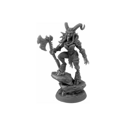 Fantasy miniature: horned female barbarian holding a battle axe, posed dynamically on a rock base