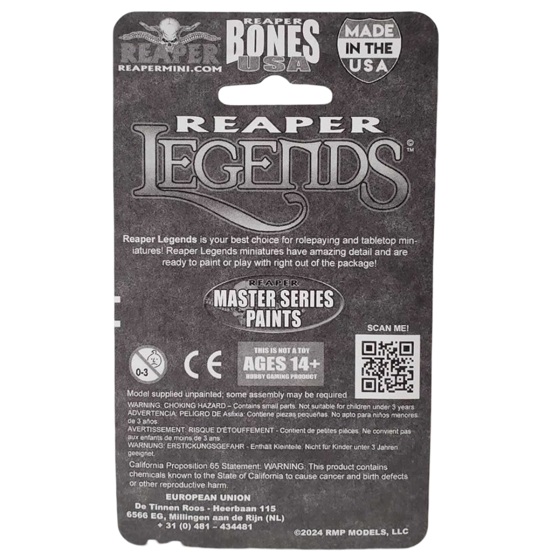 Dark gray back of a Reaper Legends Bones USA miniature package showing "AGES 14+" rating, choking hazard warnings, and a QR code, intended for a fantasy character like Durok, Dwarf Ranger