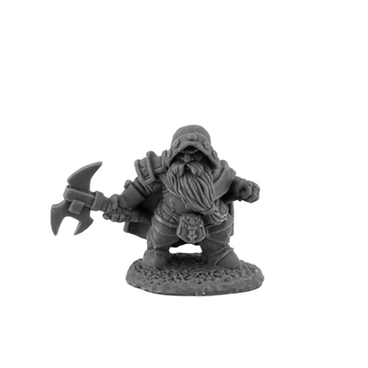 Reaper Dungeon Dwellers Durok Dwarf Ranger miniature, unpainted grey, stands cloaked with a long beard, shoulder armor, and wields a double-bladed axe on a textured base