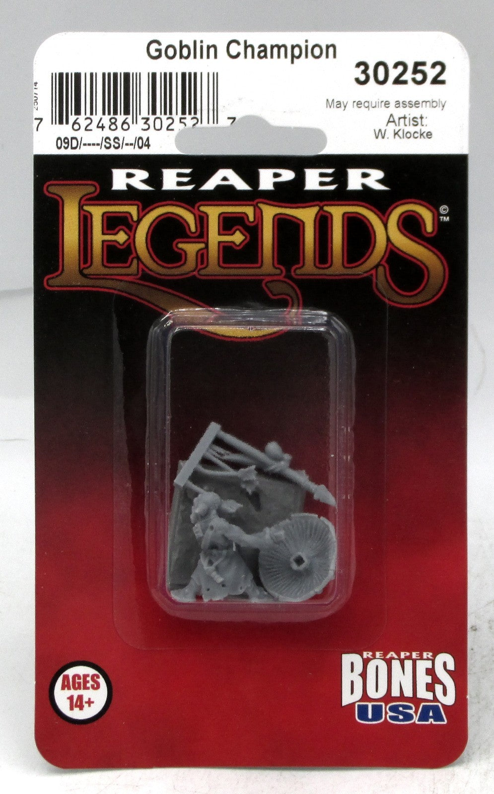 Reaper Legends Bones miniature 30252 Goblin Champion model kit in red blister packaging with barcode