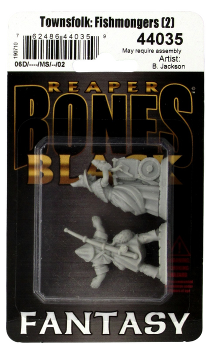 A black product package holds two unpainted light gray fantasy Townsfolk Fishmongers miniatures, one with a staff and one with a basket