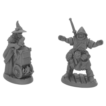 Two unpainted gray miniature Dreadmere Townsfolk Fishmongers, one pushing a fish cart, the other a sword-wielding figure with pouches