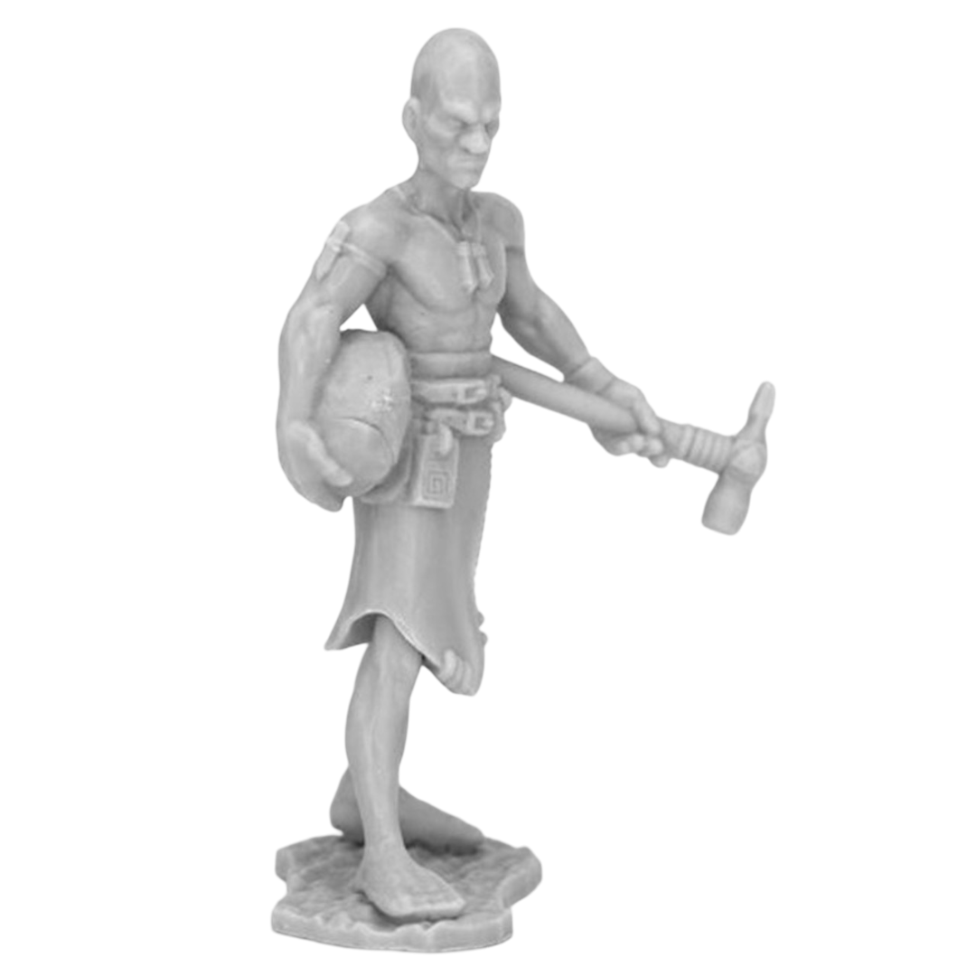 A gray miniature of a gaunt male Stone Giant Carver holding a large stone in one arm and an axe in the other, wearing a simple skirt