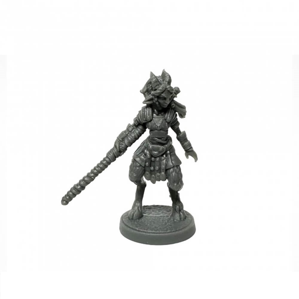 A grey plastic miniature of a horned Faun Warrior holding a textured staff, standing on a round base